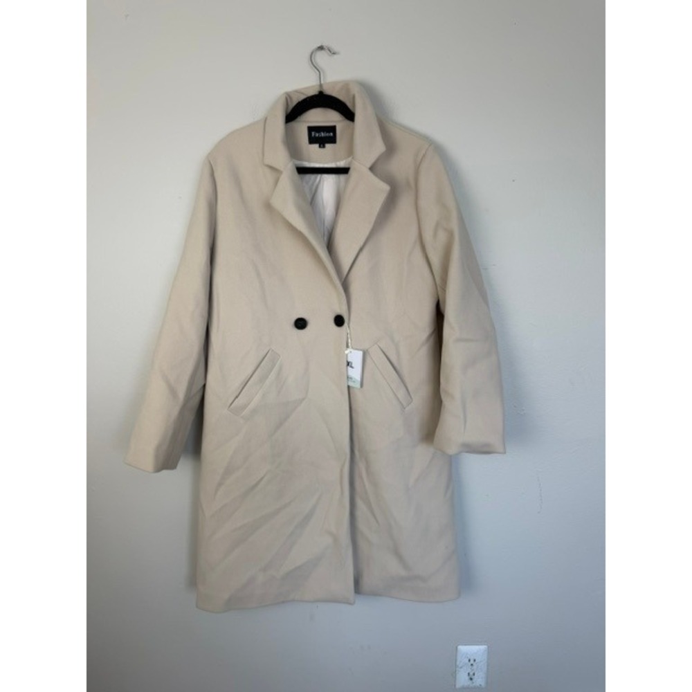 Fashion Cream Beige Long Trench Coat Double Breasted Pea Coat XL NWT